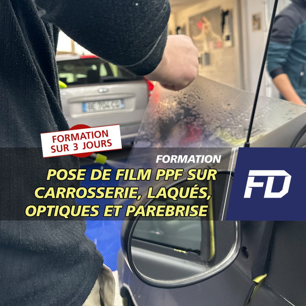 Visuel formation pose de film PPF sur 3 jours, stagiaire sur carrosserie, FD Formation Detailing Belgique