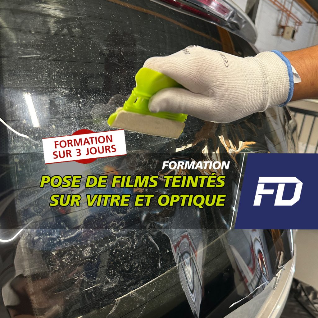 Visuel formation pose de films teintés sur 3 jours, raclette sur vitre, FD Formation Detailing Belgique