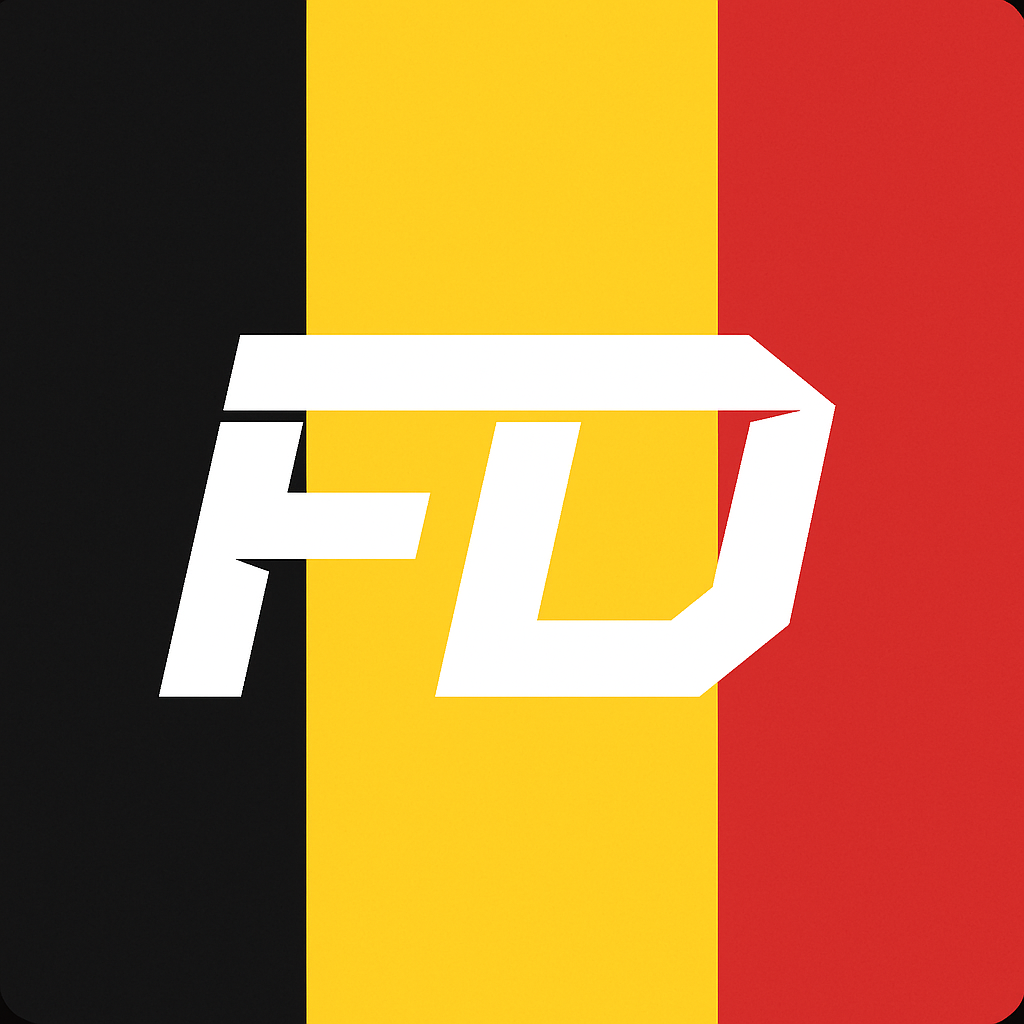 Logo FD blanc sur les couleurs noir, jaune et rouge du drapeau belge, FD Formation Detailing en Belgique